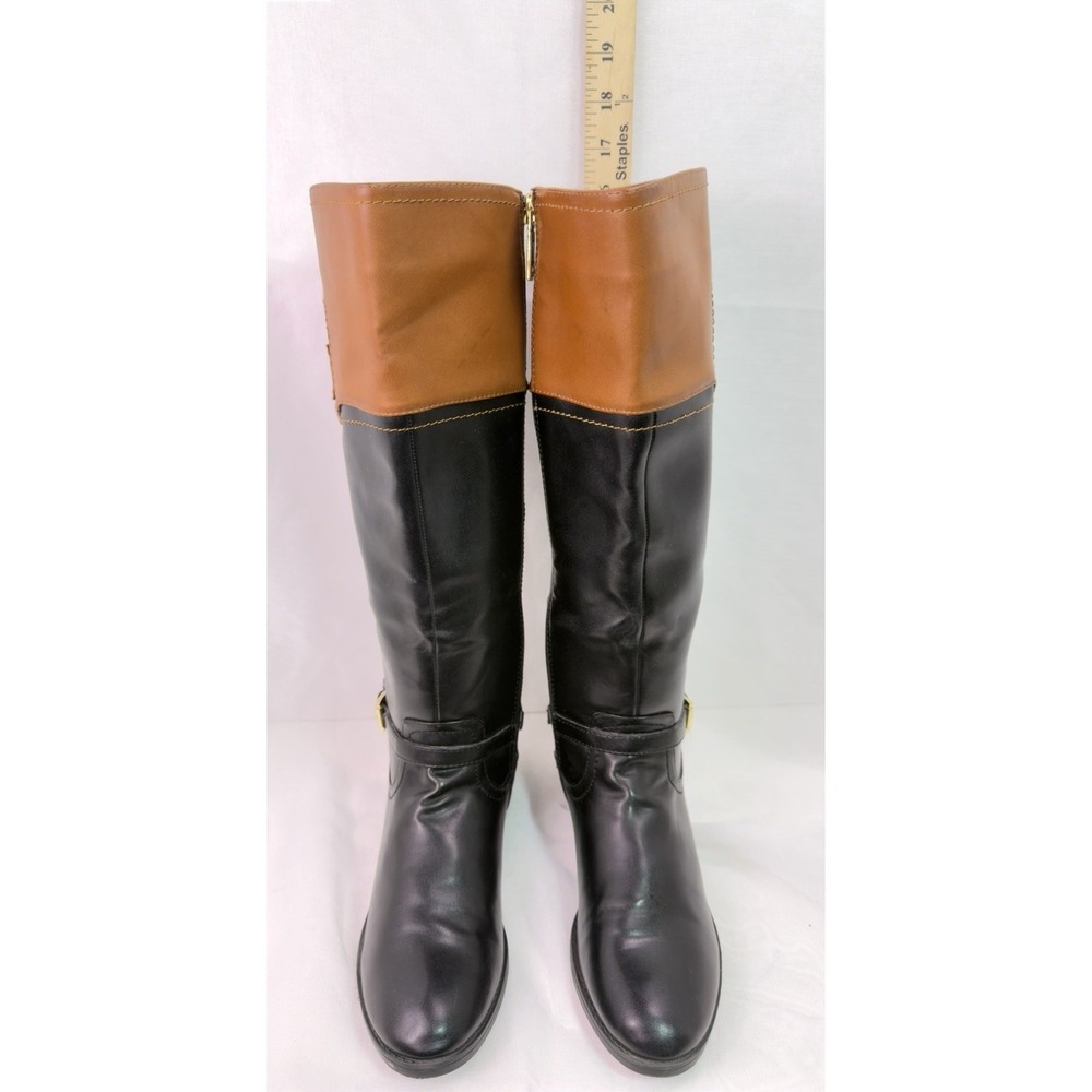 Tommy Hilfiger Women 7.5M Tall Riding Boot Black Cognac Gold Logo Zip‎ Knee High